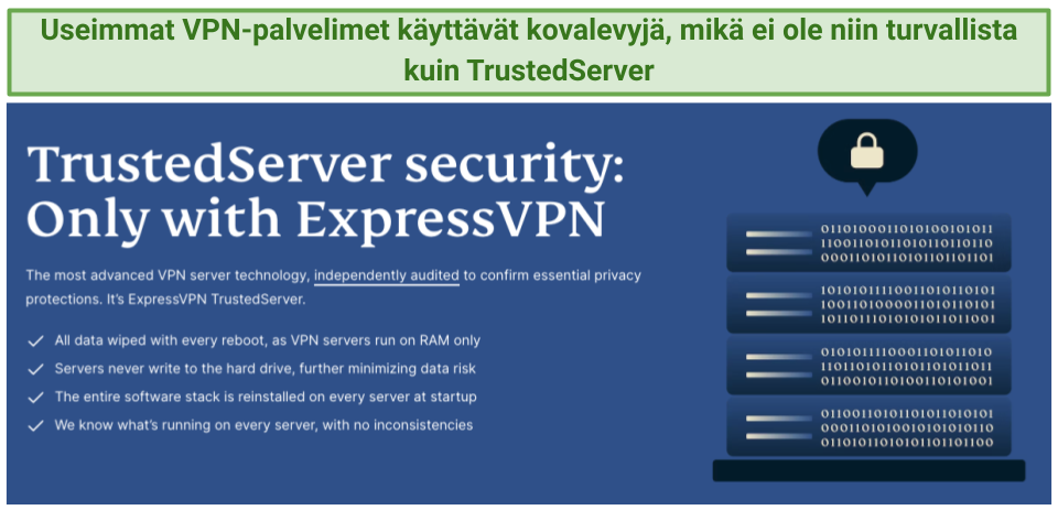 Screenshot showing ExpressVPN's TrustedServer Technology webpage on its website.