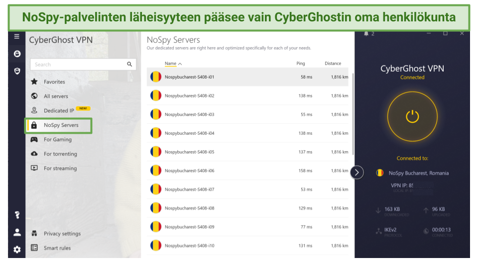 Screenshot showing CyberGhost's list of NoSpy servers in Romania