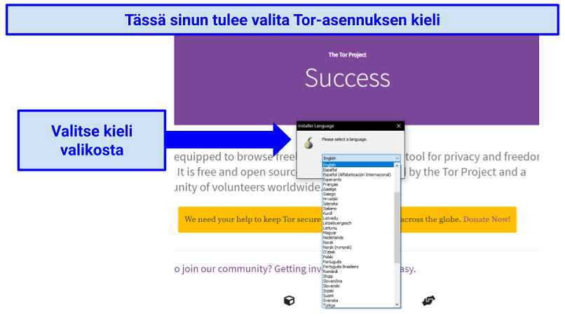 The Tor website prompting a selection of language for the installer tool, with a drop-down list to select from