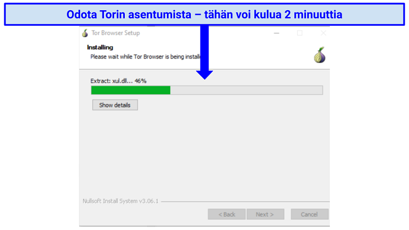 Screenshot of the Tor browser installing on Windows with a progress percentage bar