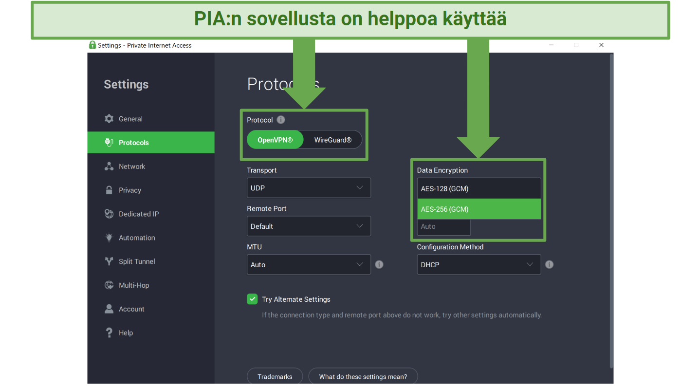 Screenshot of PIA's app showing the customizable settings