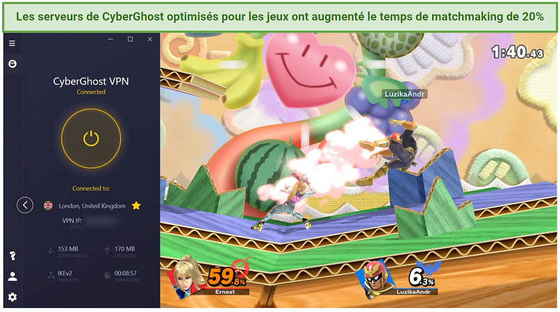 Screenshot of CyberGhost VPN working well with Super Smash Bros. Ultimate