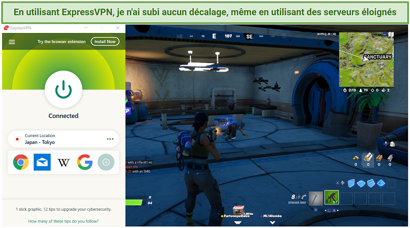 Screenshot of ExpressVPN working with Fortnite game