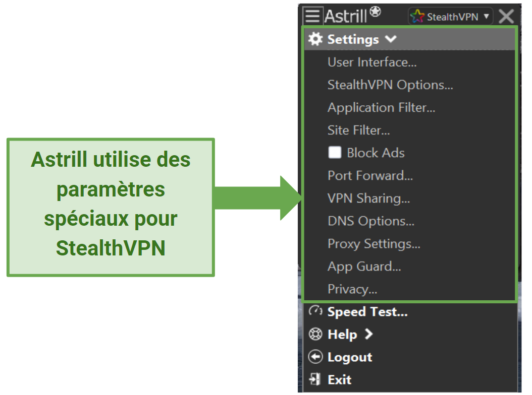 A screenshot showing Astrill's settings for StealthVPN