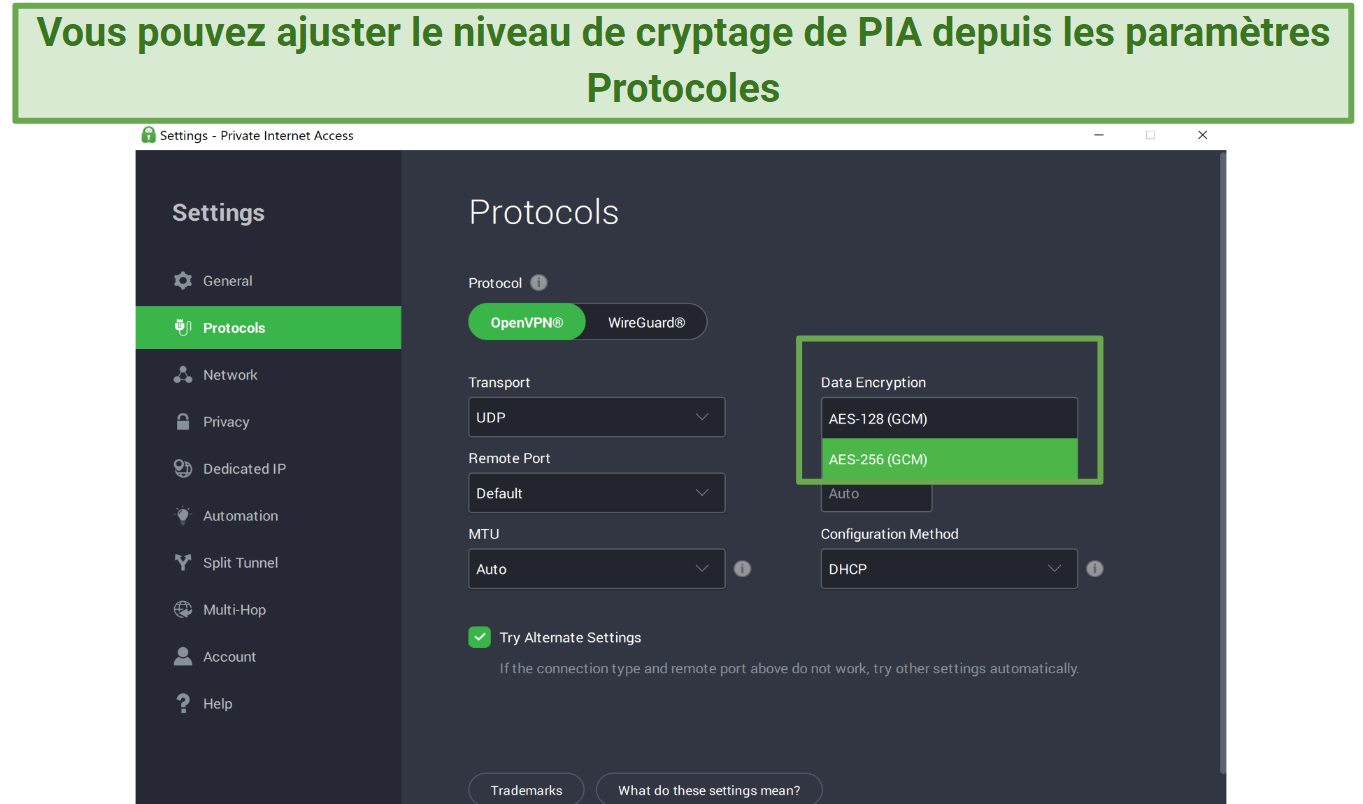 Screenshot of PIA's Windows app showing the protocol settings