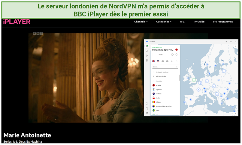 A screenshot showing an episode of Marie Antoinette playing on BBC iPlayer while connected to NordVPN's London server