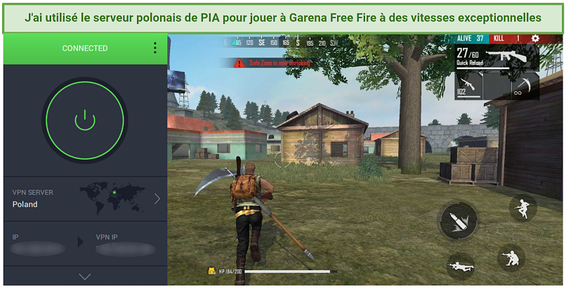 Screenshot of Private Internet Access working with Garena Free Fire