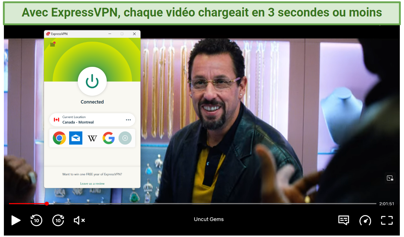 Screenshot of Netflix player streaming Uncut Gems while connected to ExpressVPN's Montreal server