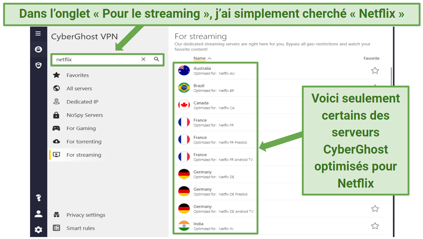 Screenshot displaying a list of CyberGhost's Netflix-optimized servers