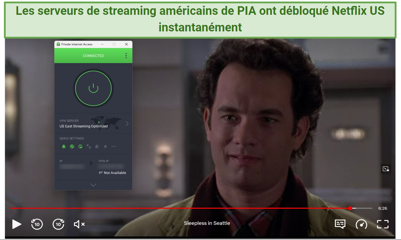 Screenshot of Netflix Player streaming Sleepless in Seattle while connected to PIA's US East Streaming Server