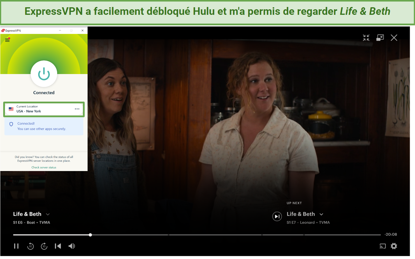 Screenshot of ExpressVPN unblocking US Hulu