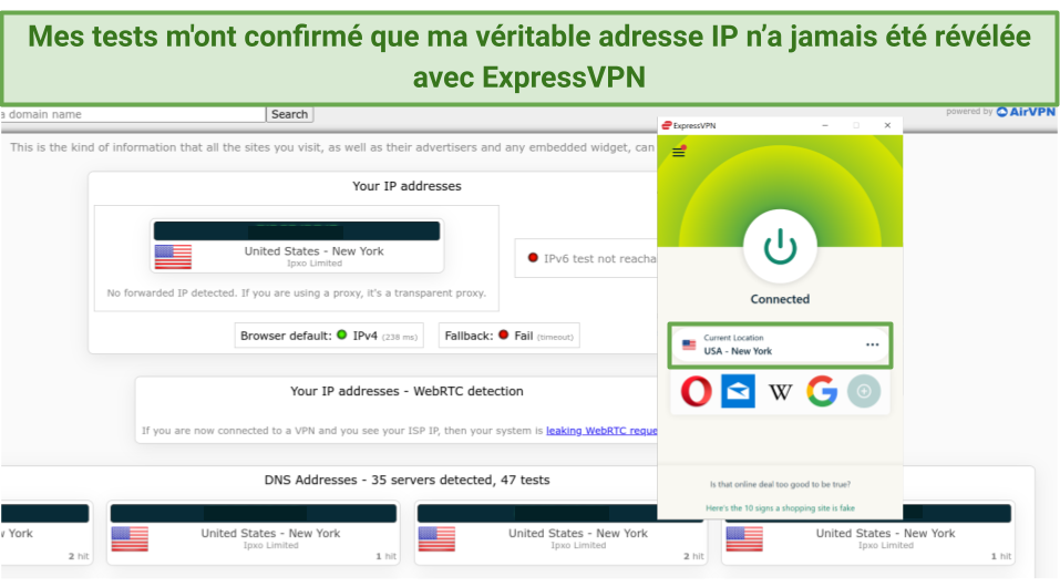 Screenshot of ExpressVPN passing leak tests connected to New York server