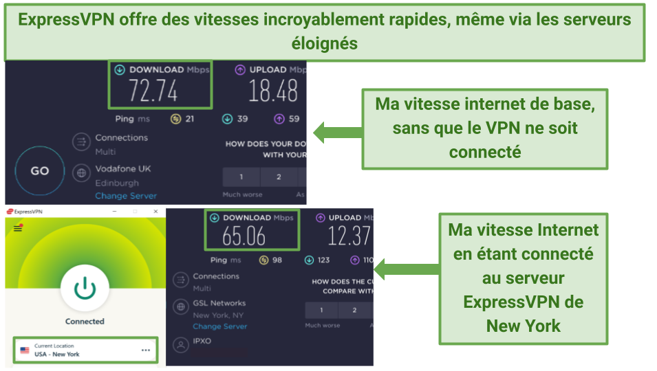 Screenshots of ExpressVPN's speed tests