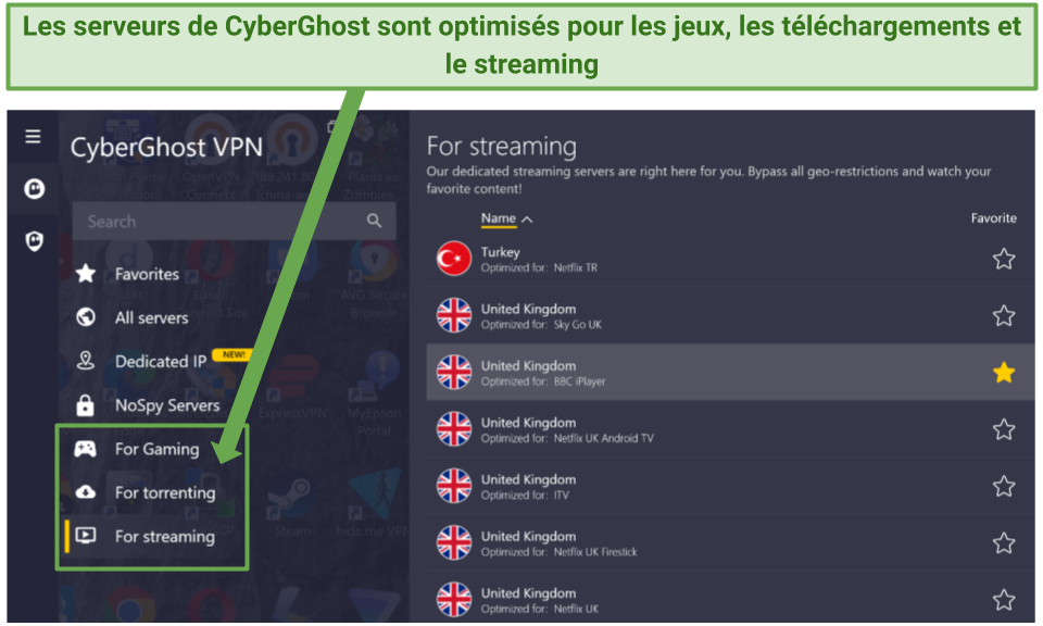 Screenshot of CyberGhost's Windows app showing optimized servers