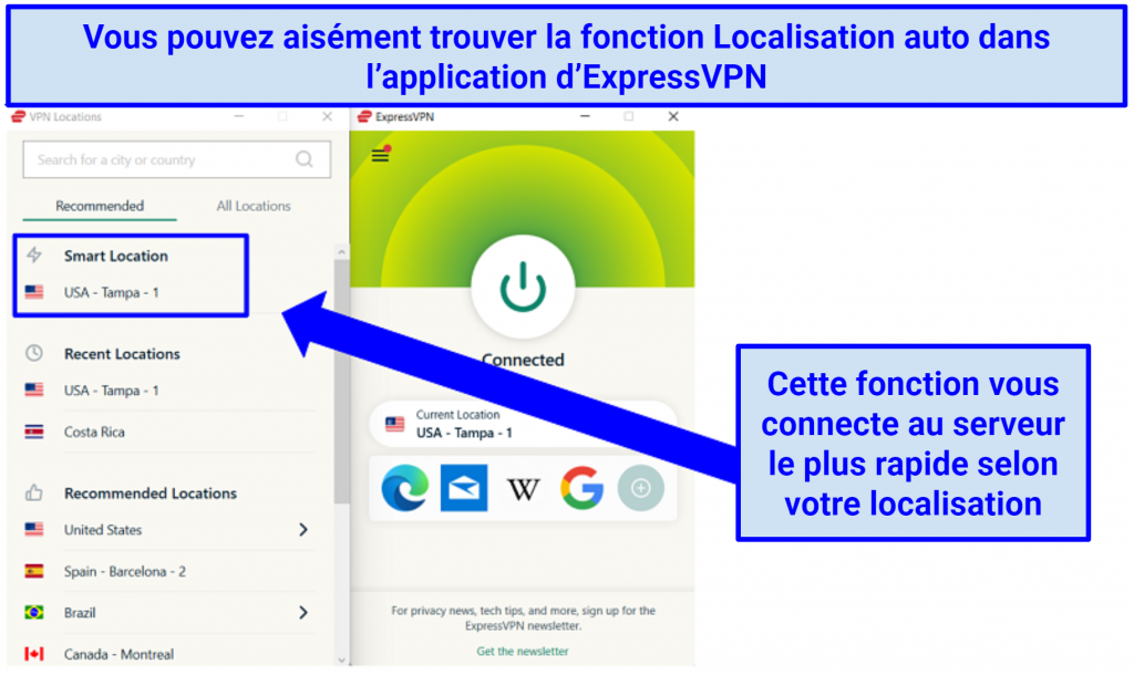 Screenshot showing how to connect to the fastest available server using ExpressVPN's Smart Location