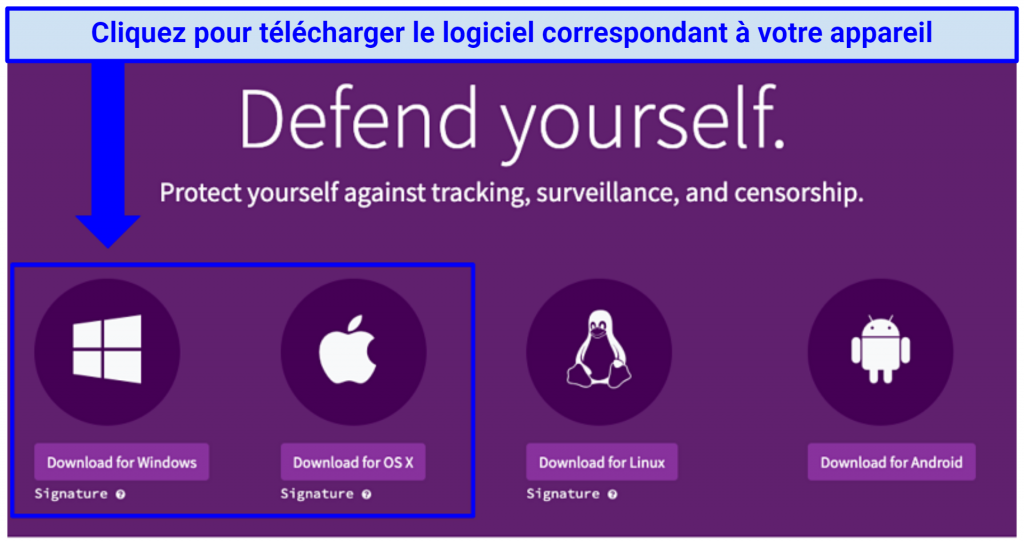 Screenshot showing how to download Tor for Mac and Windows from the official website