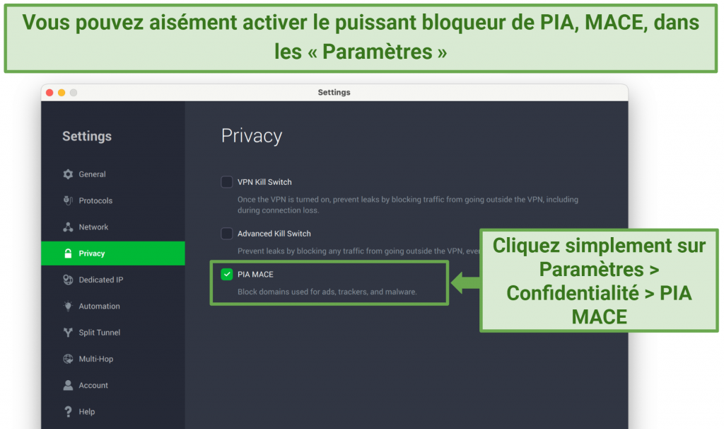 Screenshot showing how to activate the PIA MACE blocker in the Settings panel