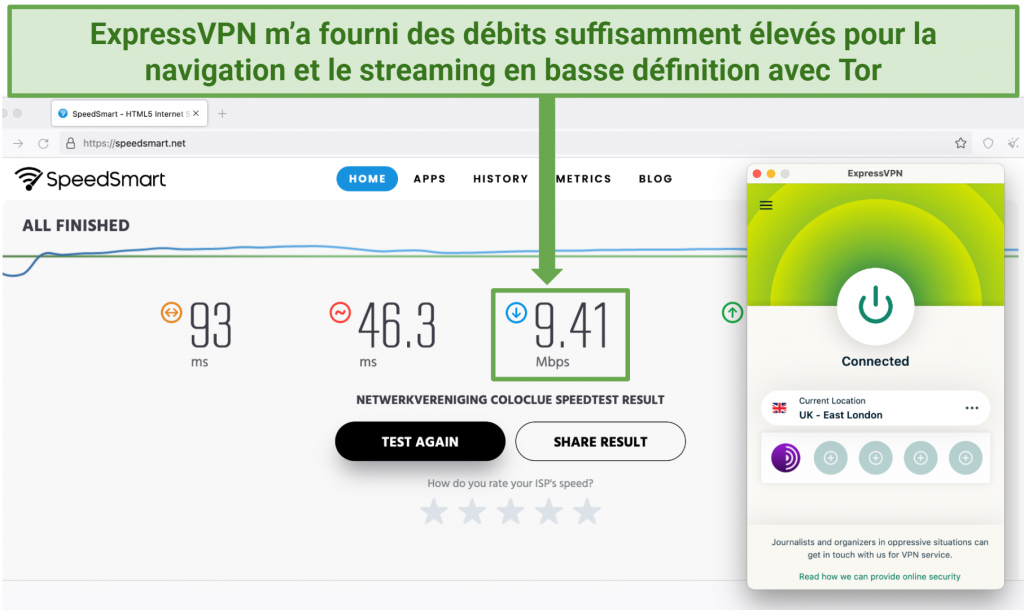 Image showing speed test results on Tor without ExpressVPN connected