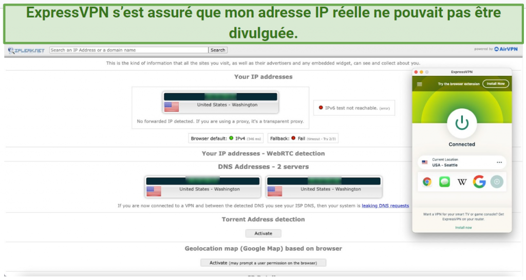 Screenshot showing ExpressVPN leak protection working