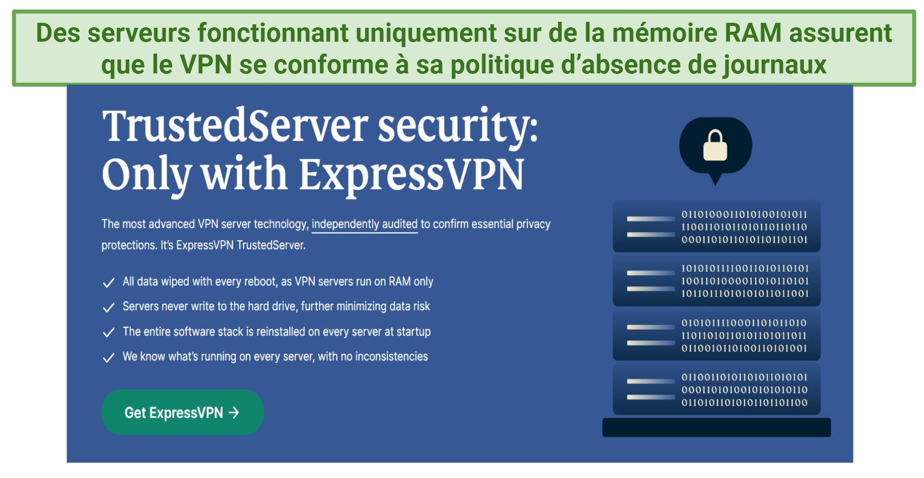 screenshot highlighting the features of ExpressVPN's TrustedServer technology