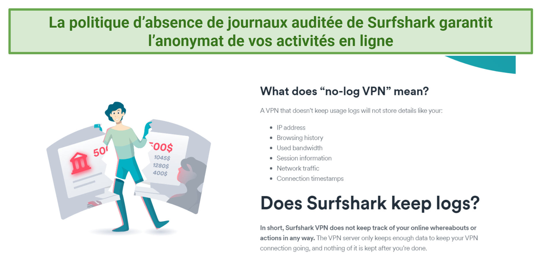 Screenshot displaying information about whether or not Surfshark keeps logs