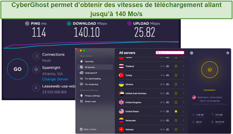 screenshot of VPN speed test with CyberGhost's UI visible