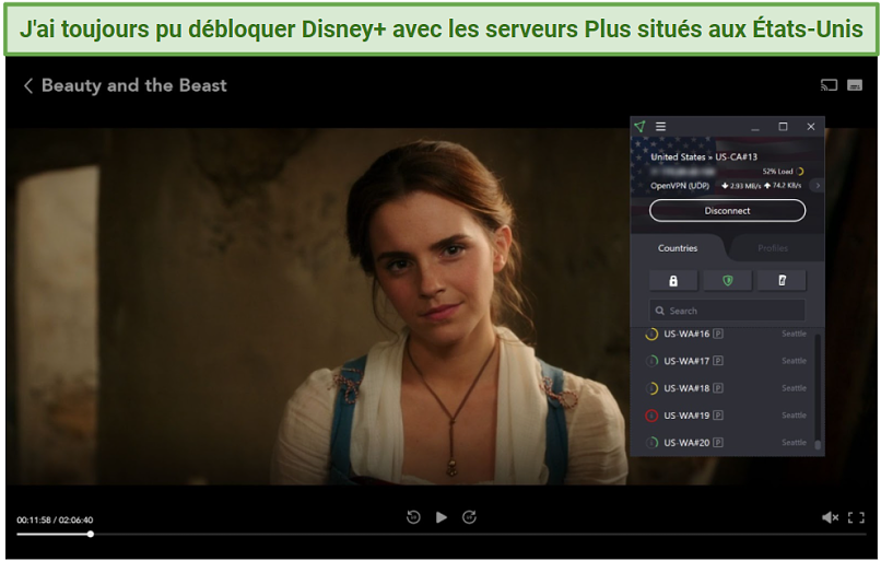 Screenshot of Disney+ player streaming Beauty and the Beast unblocked with Proton VPN 