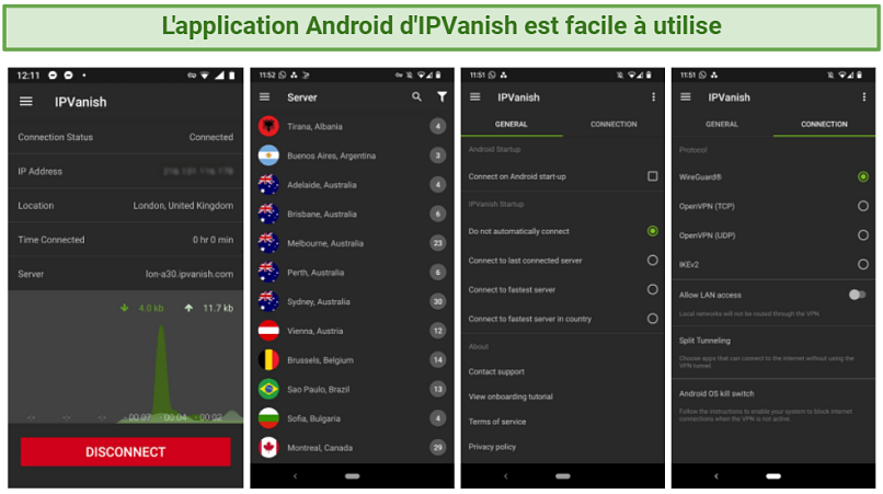 Screenshots showing IPVanish's Android app settings menu and its server list