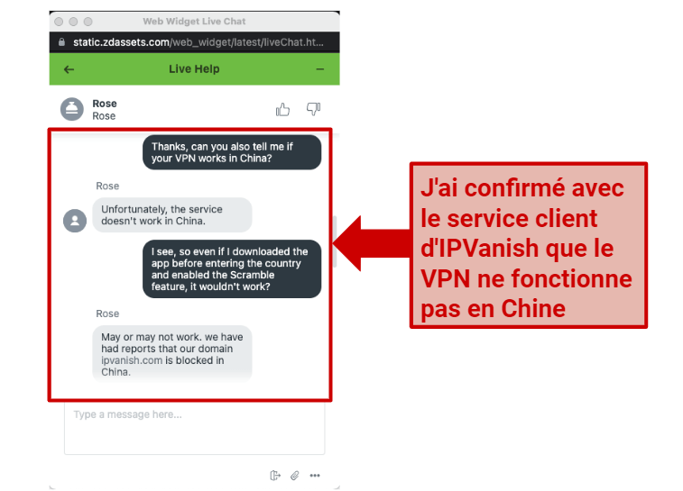 Graphic showing IPvanish chat about China