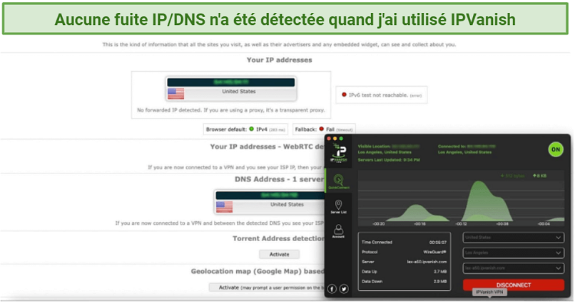 Graphic showing DNS leak test with IPVanish