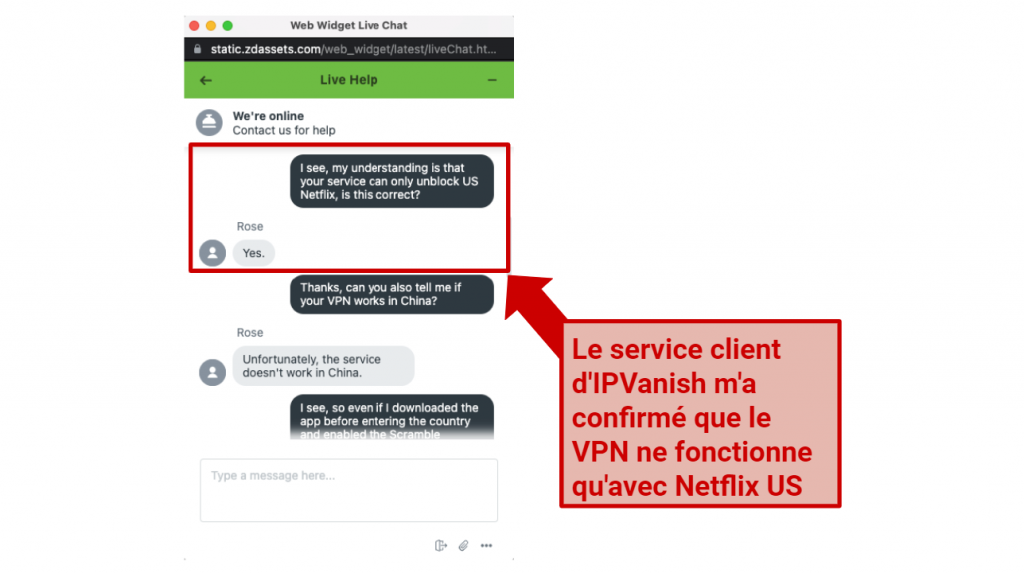 Graphic showing IPVanish Netflix chat
