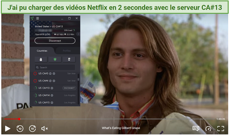 Screenshot of Netflix player streaming What's Eating Gilbert Grape while connected to Proton VPN