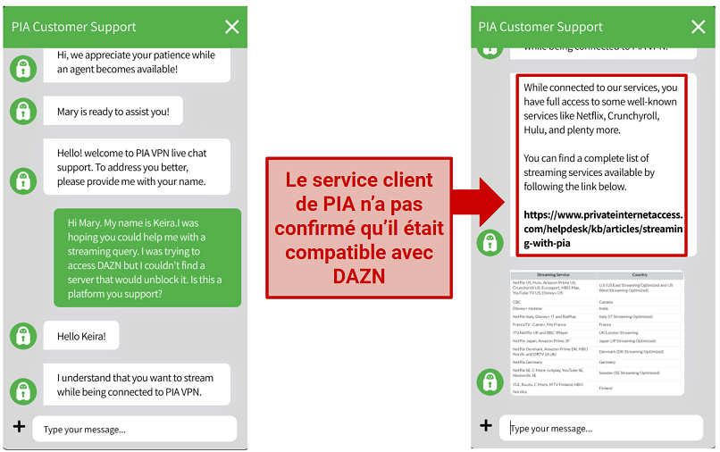 Screenshot of PIA's customer support agent answering a question about streaming