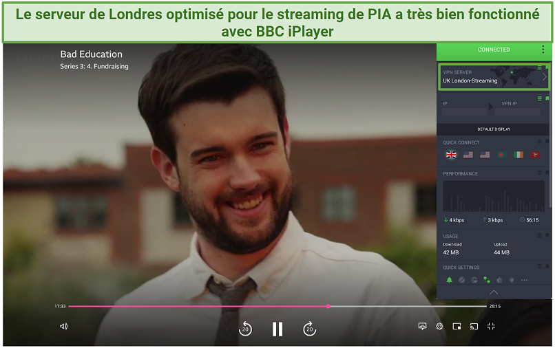 Screenshot of BBC iPlayer streaming Bad Education while connected to PIA