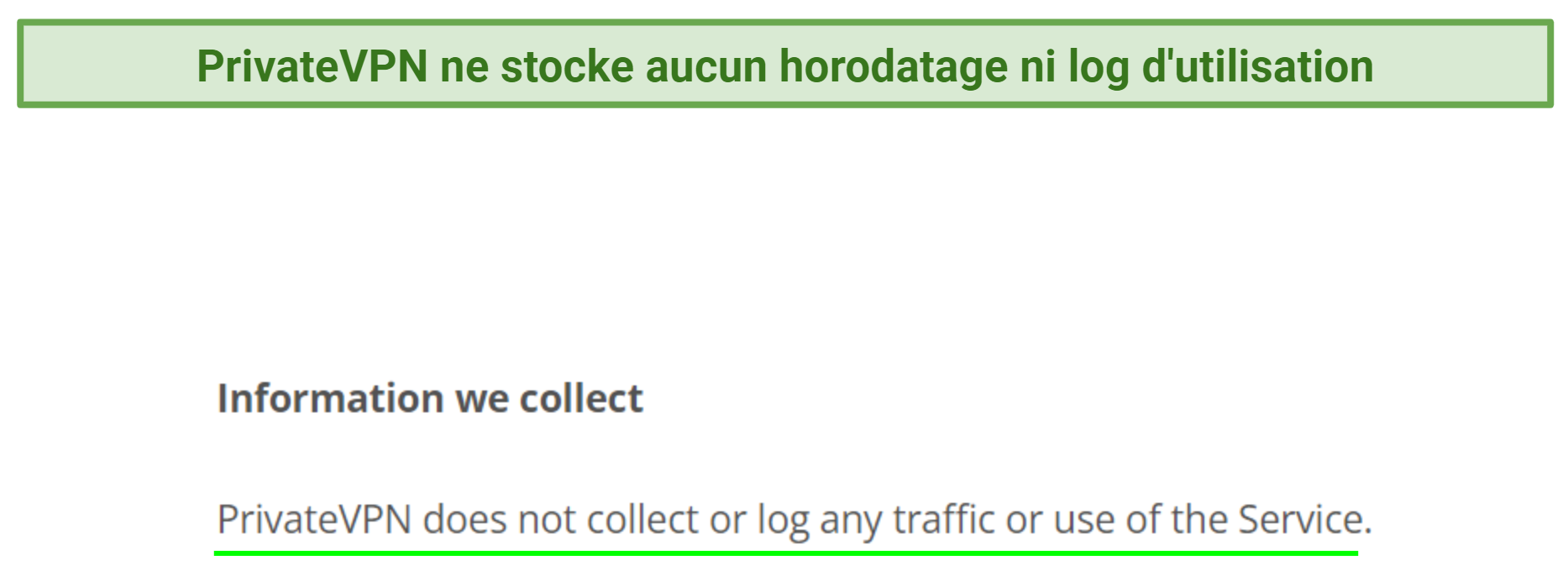 Screenshot of PrivateVPN's privacy policy highlighting the information it collects