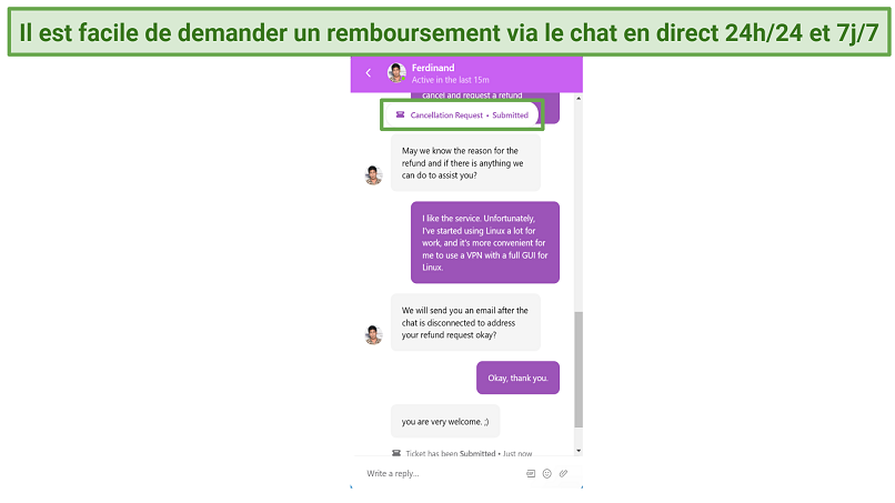 Screenshot of PrivateVPN live chat where I requested a refund
