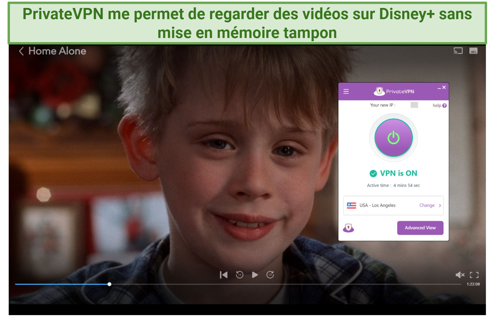 Screenshot of Disney+ player streaming Home Alone while connected to PrivateVPN