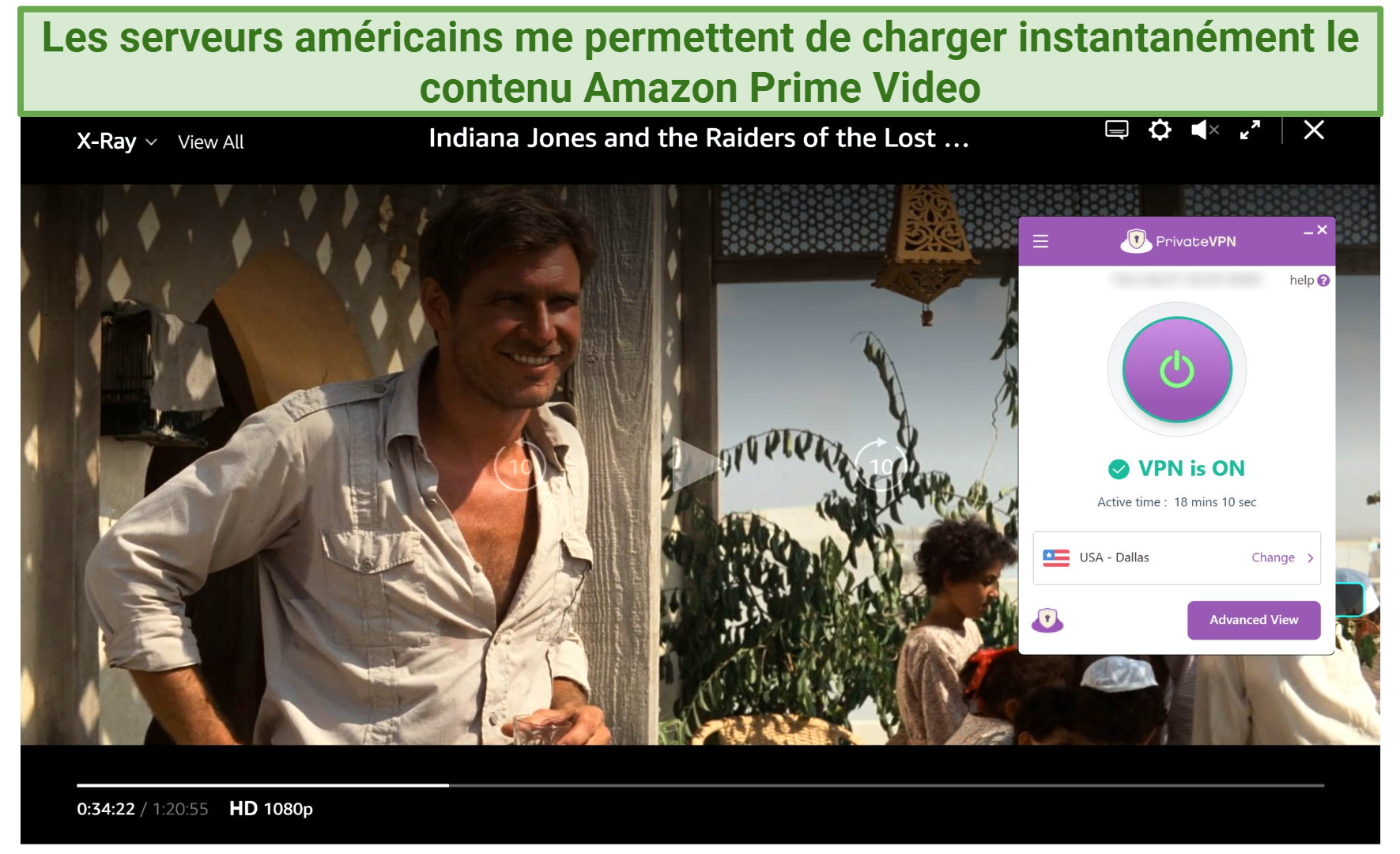 Screenshot of Amazon Prime Video player streaming Indiana Jones: Raiders of the Lost Ark while connected to PrivateVPN