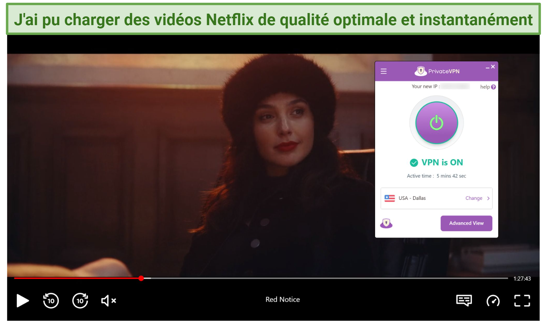 Screenshot of Netflix player streaming Red Notice while connected to PrivateVPN