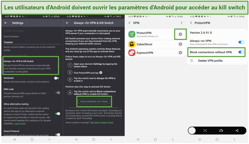Screenshots of Proton VPN settings and Android settings needed to turn on kill switch