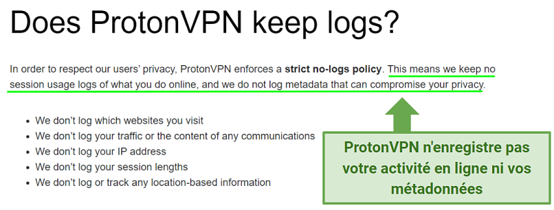 A screenshot of Proton VPN's no-logs policy stating they record no session usage logs or metadata