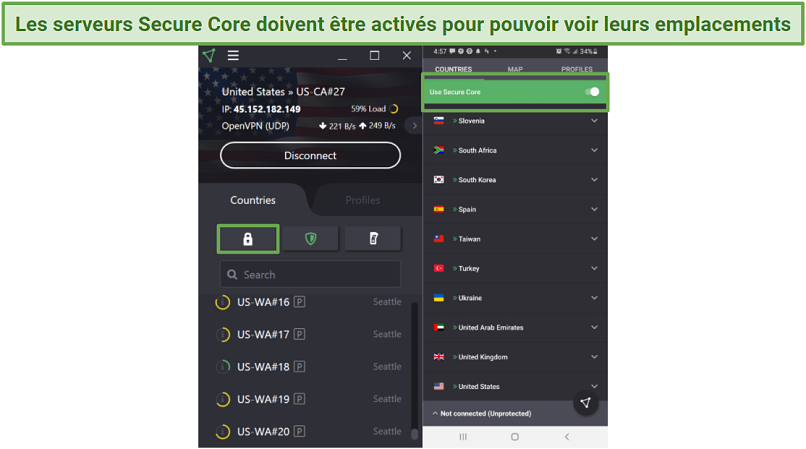 Screenshot of Proton VPN UI on Android and Windows Desktop showing where to activate Secure Core Servers