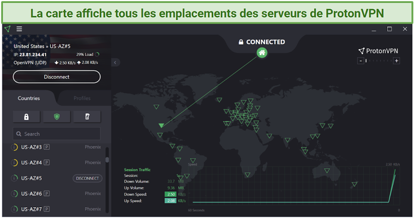 Screenshot of Proton VPN UI, showing its map and server list