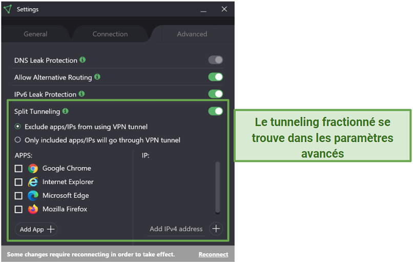 Screenshot of Proton VPN settings showing where to find split tunneling