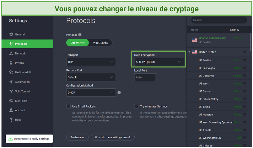 Screenshot of Private Internet Access Protocols menu where you can change encryption levels