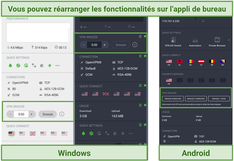 Screenshot of the Private Internet Access app with the snooze feature moved to different positions