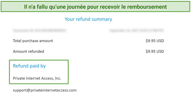 Screenshot of a refund issued by Private Internet Access