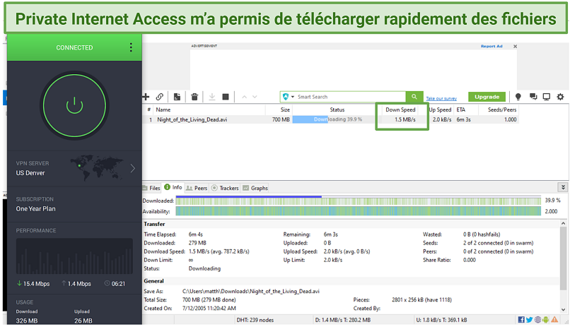 Screenshot of uTorrent downloading Night of the Living Dead while connected to Private Internet Access