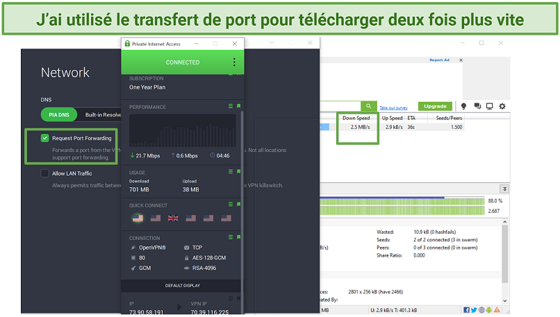 Screenshot of Private Internet Access with port forwarding on while downloading Night of the Living Dead with Utorrent