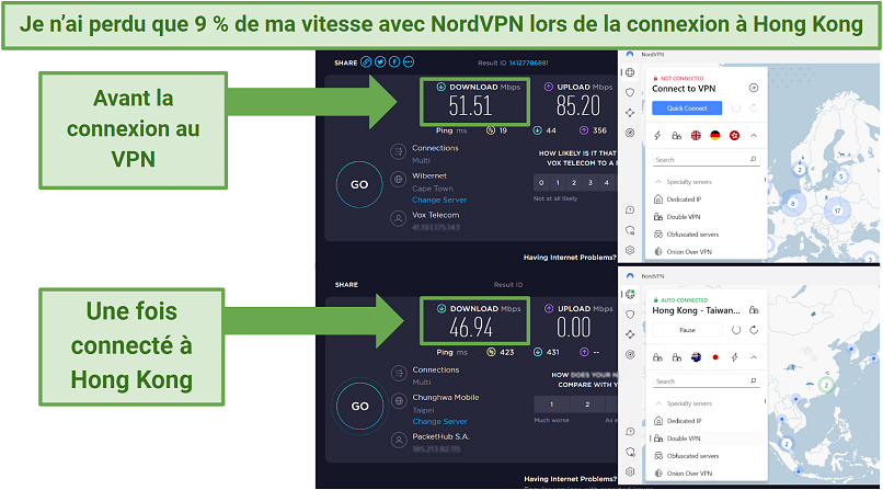 Speed test showing starting speeds versus NordVPN's speeds while connected to Hong Kong